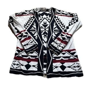 Pink Republic Black/White/Red Southwestern Print Open Front Cardigan Size L EUC